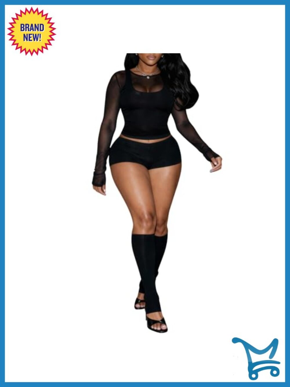 Sheer Mesh Long Sleeve Top Tank & Bodycon Shorts 3 Piece Set